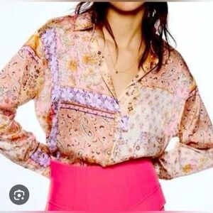 Zara, Satin, Long Sleeve Notched Collar Blouse, Size Small